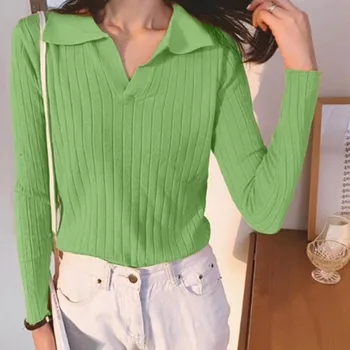 

2019 Autumn Winter New Fashion Slim Solid Color Women Sweater Lapel Long Sleeve Bottoming Shirt Knitted Pullover