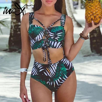 

In-X Vintage high waist bikini 2020 Green leave print swimsuit female Lace up bikinis push up Underwired swimwear women bathers