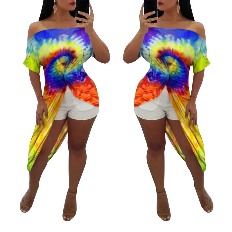 

new sexy women tops off the shoulder tie dyed printed t shirts Irregular knotting long tee shirts