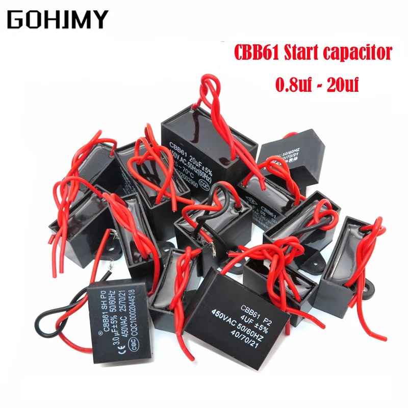 Condensatore Di Avviamento Cbb61 450V 0.8/1/1.5/1.8/2/2.5/3/4/5/6/7/8/10/12/16/20Uf Cbb Ventilatore Soffitto Motore Di Scarico Condensatore Di Marcia