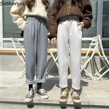 

Pants Women Straight Loose 2XL Loose Gray Students Simple Soft Comfortable Warm Elastic Waist Velvet High Quality Korean Ulzzang