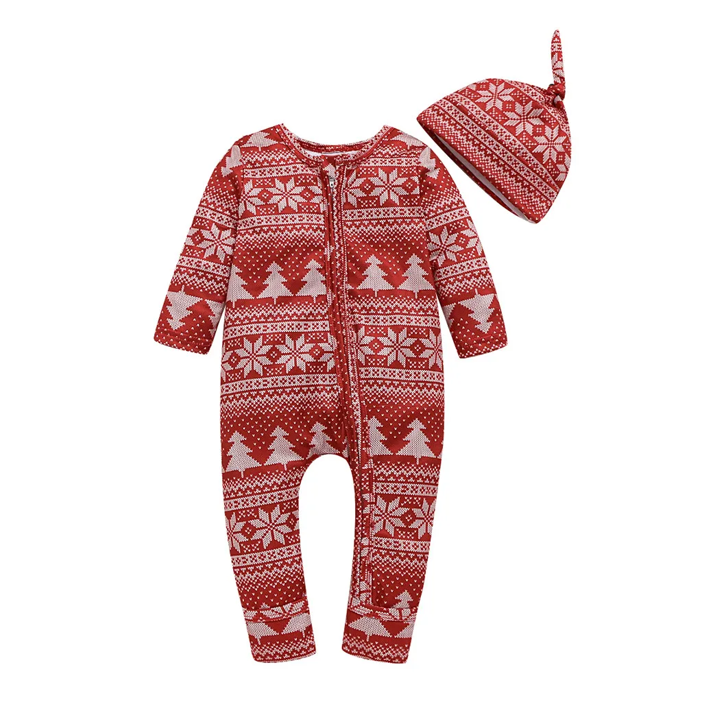 Romper and Hat Рождественский комбинезон для маленьких мальчиков и девочек с мультяшным принтом; повязка на голову; комплекты одежды для малышей; осенне-зимний комбинезон с длинными рукавами; комплекты с шапочкой - Цвет: Romper and Hat