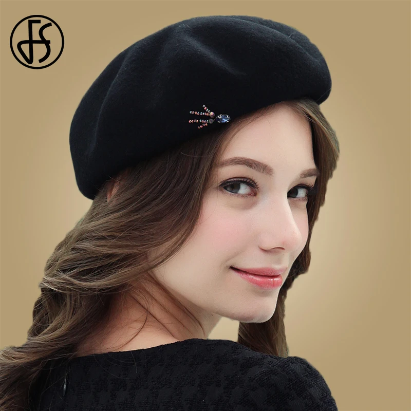 Black FS Осенний красный берет, шапка для женщин, винтажные шерстяные зимние шапки для дам, одноцветная черная шерстяная восьмиугольная кепка, Женская плоская кепка s - Цвет: Black