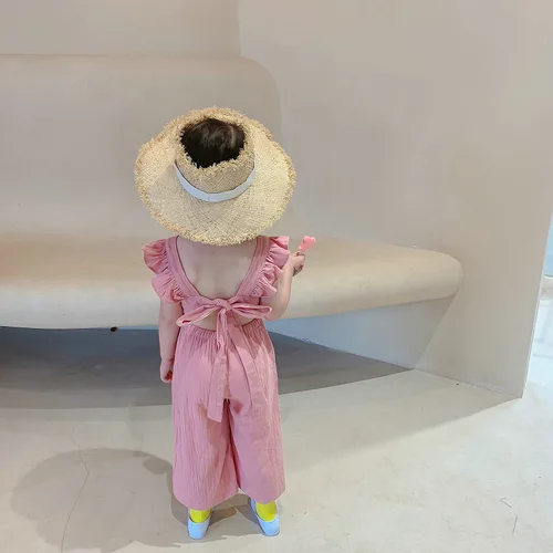 소녀 기질 플라이 슬리브 홀터, 나비 매듭 점프 수트, 유럽 미국 스타일, 면, 어린이 원피스, 여름 신상 3