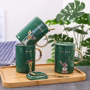 

"Green Forest" Animal Print Beautiful Ceramic Mug with Lid Spoon Tea Milk Coffee Cups Home Office Drinkware Waterware Gift