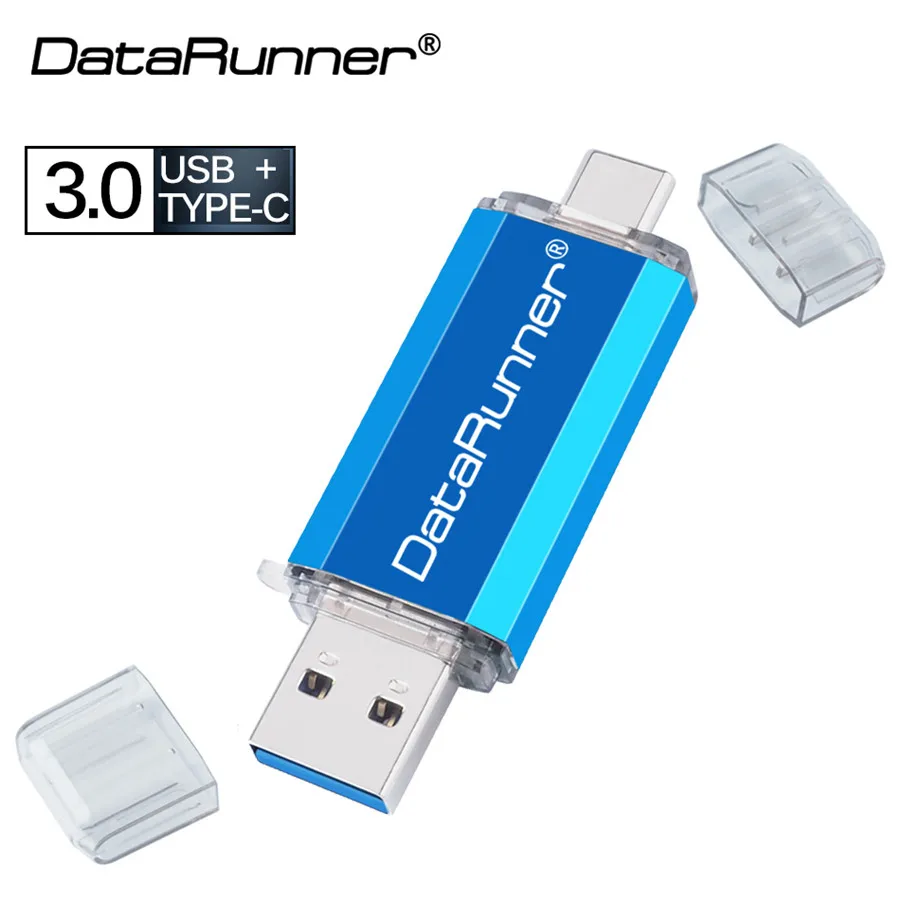 DataRunner USB флеш-накопитель 2 в 1 OTG USB3.0 и type-C флеш-накопитель 32 Гб 64 Гб 128 ГБ 256 ГБ 512 ГБ Флешка для системы Android type C - Цвет: Синий