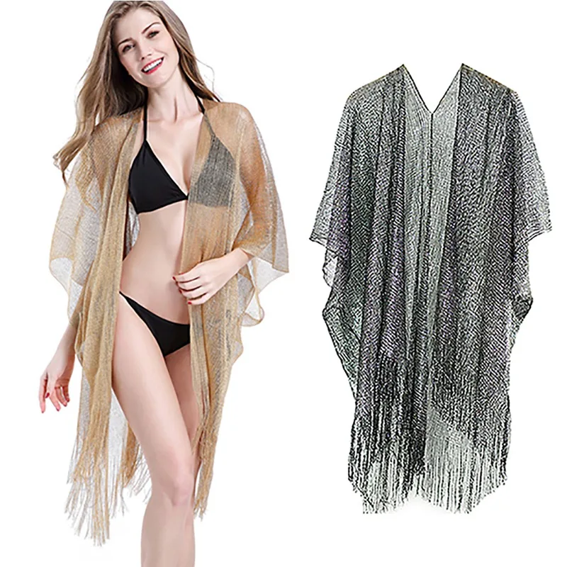

Women Bikini Swimsuit Swimwear Smock Sexy Tassel Vest Beach Cover Up Loose Seaside Gold Sexy Beach Clothes Sun-Protective Swimsu