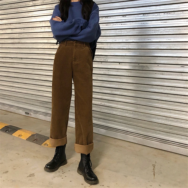 BGTEEVER Vintage High Waist Straight Pants Women Casual Winter Corduroy Pants Female Wide Leg Trousers Women pantalon femme