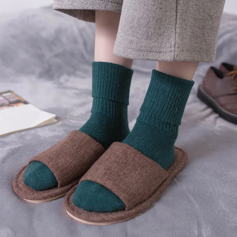 5 пар/лот, женские осенне-зимние шерстяные ворсовые носки, одноцветные теплые японские шерстяные носки, толстые носки для девочек, женские носки, BCW036