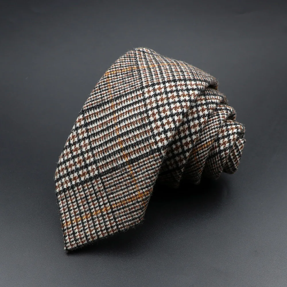 Classic Brown Grey Plaid Striped Wool Necktie Narrow Collar Slim Cashmere Tie For Man Suit Party Casual Accessory Cravat Gift neck tie