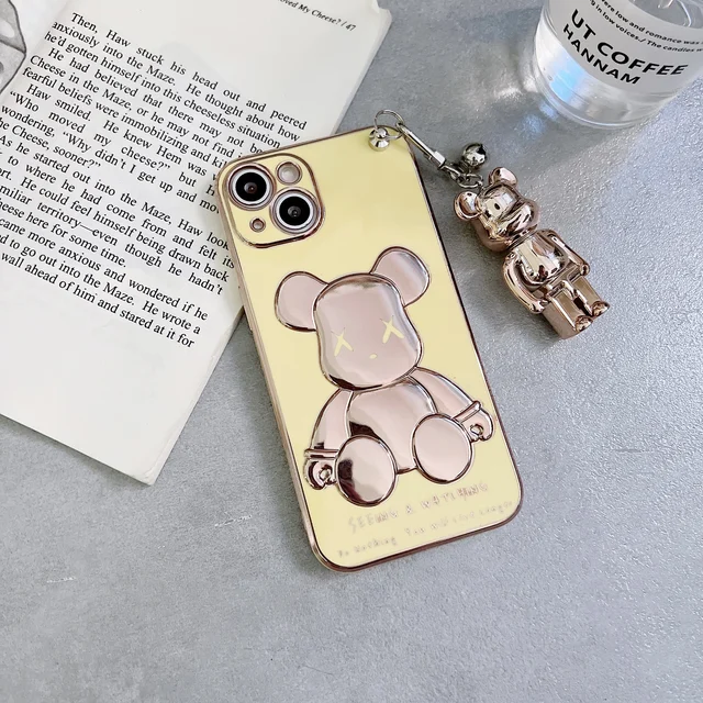 Fashion Smiley Bear With Lanyard Case For iPhone 11 12 13 Pro Max Mini 7 8 Plus XR X XS MAX Trend Creative Luxury Original Cover Yellow