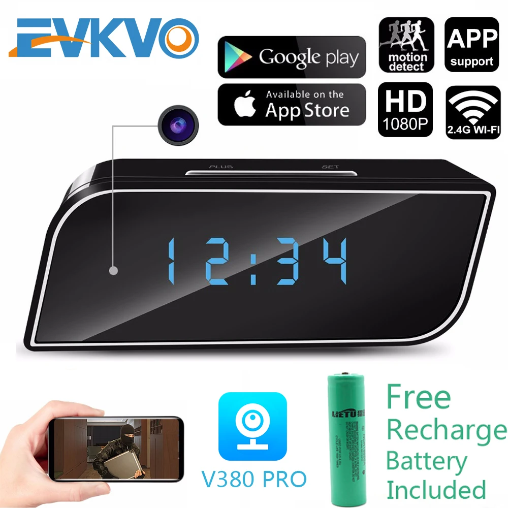 

EVKVO Wireless WIFI Camera Clock Wi-fi Mini Camera Time Alarm Watch IP/AP Security Night Vision Motion Sensor Remote Cam PK Z10