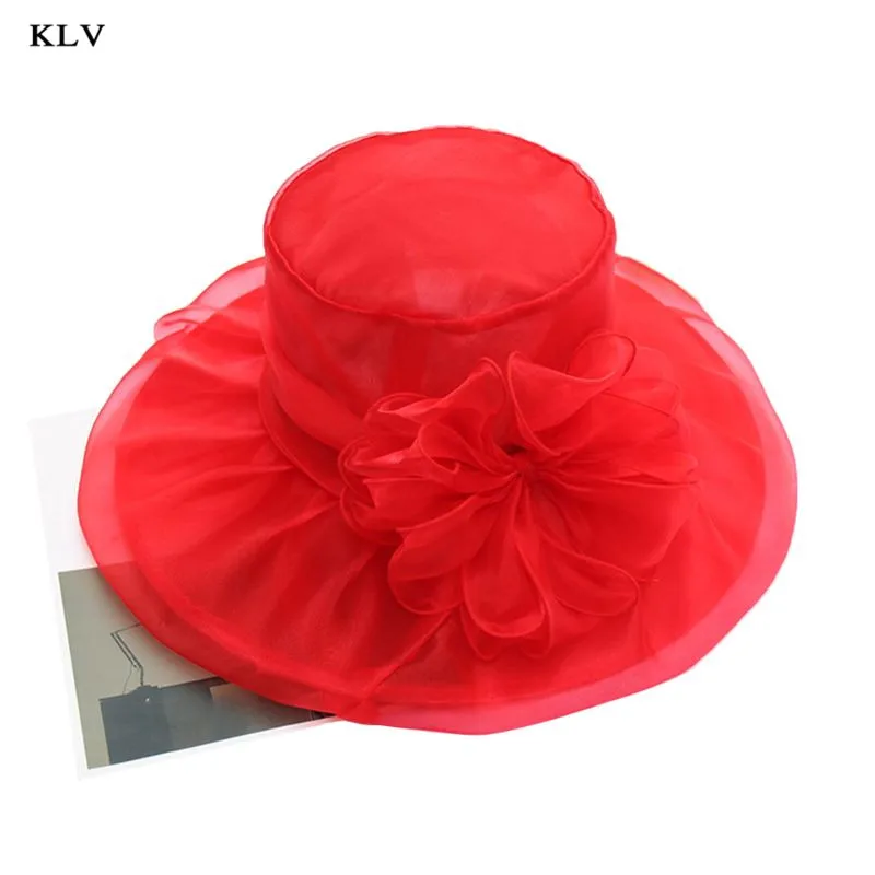 Женские церковные Дерби вуалетки двойной слой органзы Свадебные большие цветок шляпа Чай Вечерние винтажные складные с широкими полями - Цвет: Red