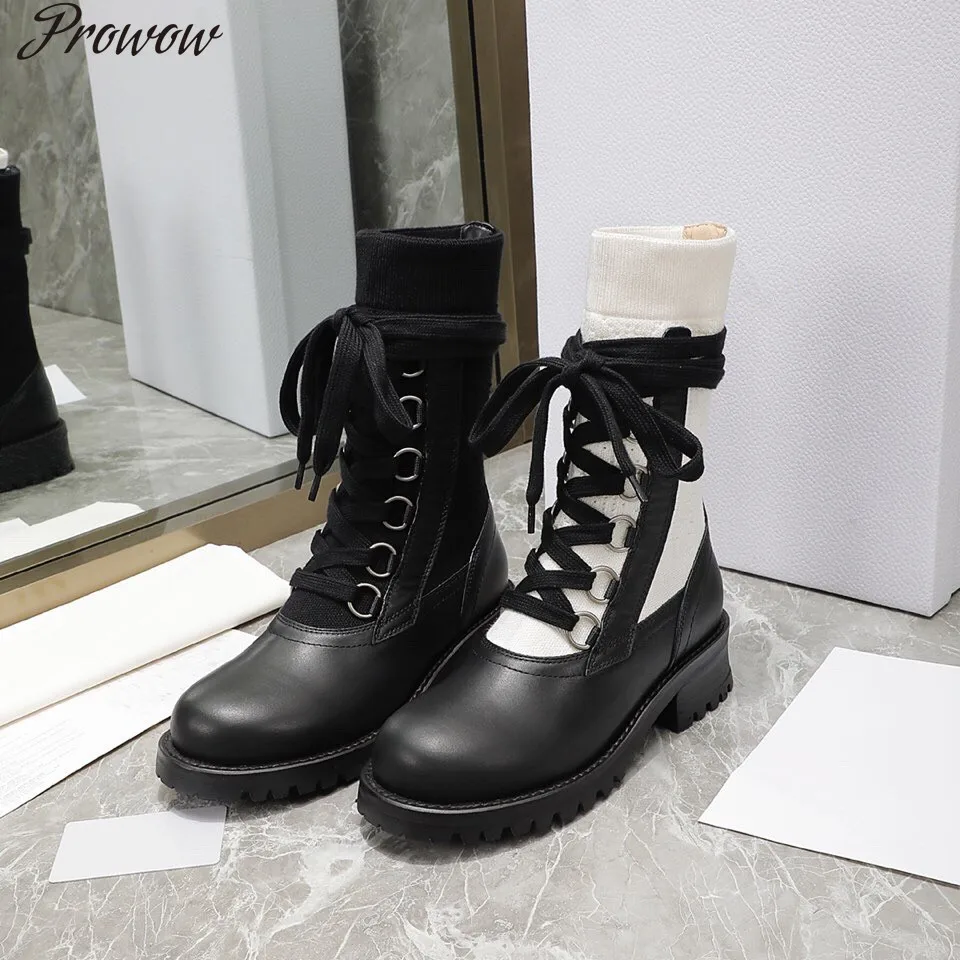 Prowow Knitted Martin Boots Sock Shoes Women Autumn Winter Genuine Leather Platform Short Lace-up Designer | Обувь