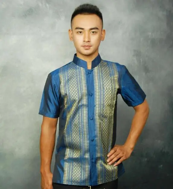 

Summer Men Shirt Thailand Short Sleeve Thai Traditional Blouse Vintage Work Uniform Hotel Waiter Tops