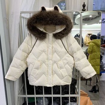 

2020 New Style for Winter Rabbit Ears Fashion Thickened Short Big Fur Collar Jacket Women Thin White Duck down Jacket
