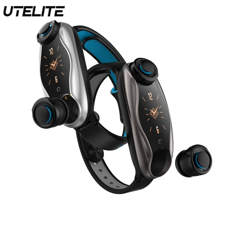 

UTELITE Fitness Tracker Bracelet IP67 Waterproof Wireless Bluetooth Earphones 5.0 Heart Rate Sport Smart Watch for Apple Huawei