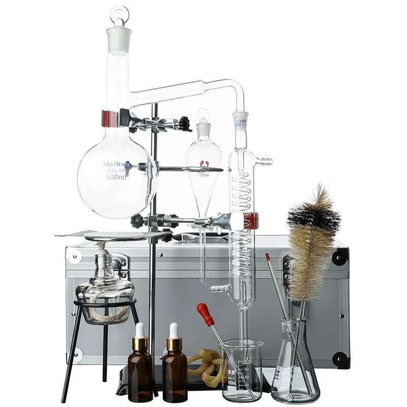 Lab Experiment Kit Chemistry Test Tool Box Distillation Set Glassware Distiller Apparatusset 500ml Flask