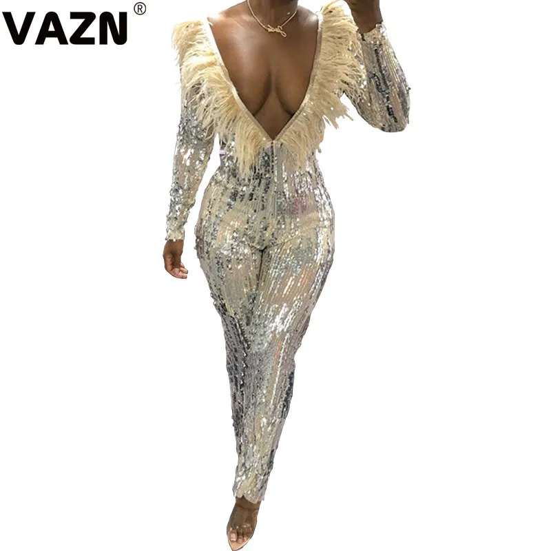 VAZN CY8228 Топ высокого класса сексуальный клубный высококачественный модный длинный комбинезон с блестками и кисточками с длинным рукавом и открытой спиной для женщин