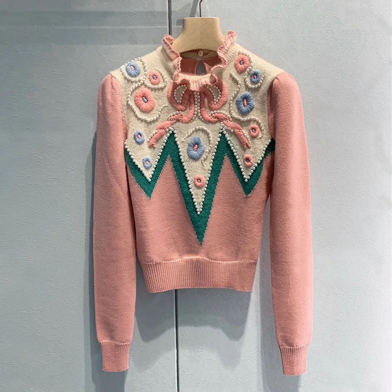 

2020 Spring Autumn women's ruffles pearls beading sweaters fashion women high quality embroidery pullovers sweater C529