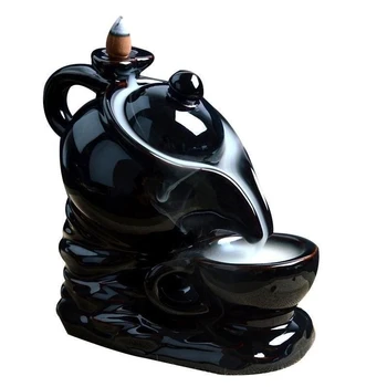 

Teapot Cup Shape Incense Burners Handmade Black Ceramic Backflow Incense Burner Holder home Buddhist Temple Decor WY606