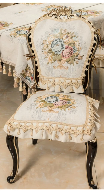 European Luxury Chair Cover Beige Blue Jacquard Fabric Non Slip