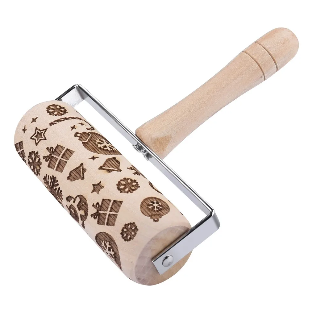 Christmas Embossing Wooden Rolling Pin Baking Cookies Noodle Biscuit Fondant Cake Dough Engraved Roller Reindeer Snowflake
