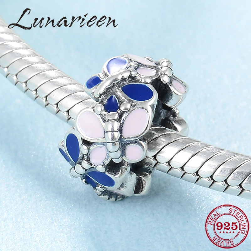 Fit Original europeu Charms Bracelet Fashion Blue and Pink Enamel butterfly Beads Real 925 Sterling Silver Bead Jewelry Making | Украшения