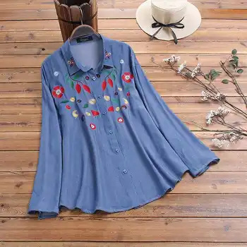 

2020 Vintage Shirts Embroidery Women Turn Down Collar Blouses Casual Long Sleeve Button Down Tunic Tops Loose Blusas Femininas
