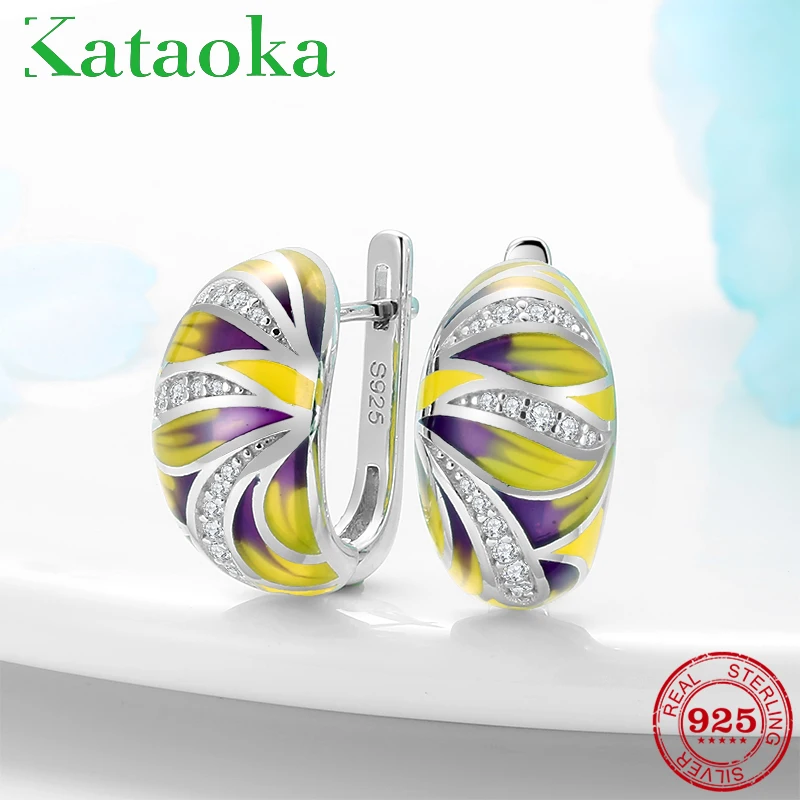 

Stud earrings for women with Cubic Zirconia Beautiful yellow purple Blooming radial flower petals Fine Jewelry Handmade Enamel
