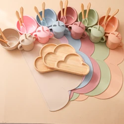 6pc baby wooden cloud dinner plate bpa free silicone fork spoon bowl placemat water cup feeding tableware set
