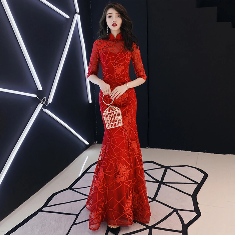Китайский стоячий воротник для женщин Qipao красный Свадебный Русалка платье тонкий элегантный Cheongsam винтаж кнопка плюс размер Макси платье