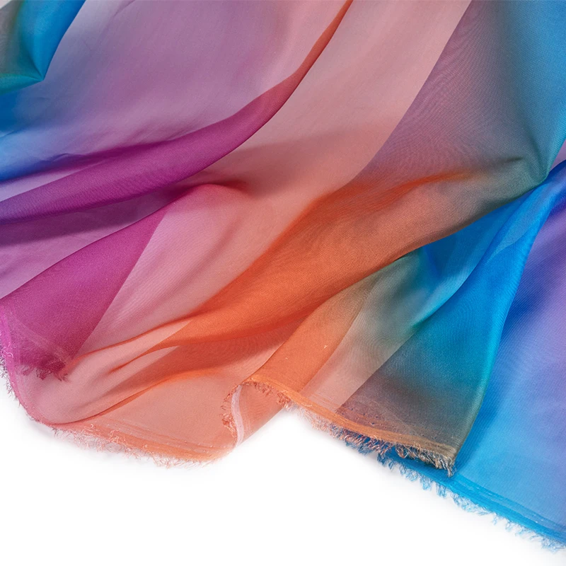 Дешевые шифоновые радужные ткани, тонкие шифоновые платья, ткань для танцевального костюма и шарфа, можно просвечивать маленькие детали 25*150 см TJ8616