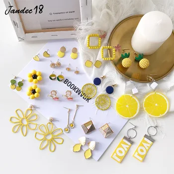 

Temperament Geometric Flower Lemon Bee Kawaii Stud Earrings yellow earrings for women Hollow Earrings For Women Round Jewelry