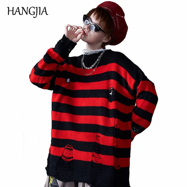 Women's Black Red Striped Knit Sweaters Autumn Winter Hole Ripped Pullovers  Women Fashion Oversized Jumpers All-match Clothing - Pullovers - AliExpress