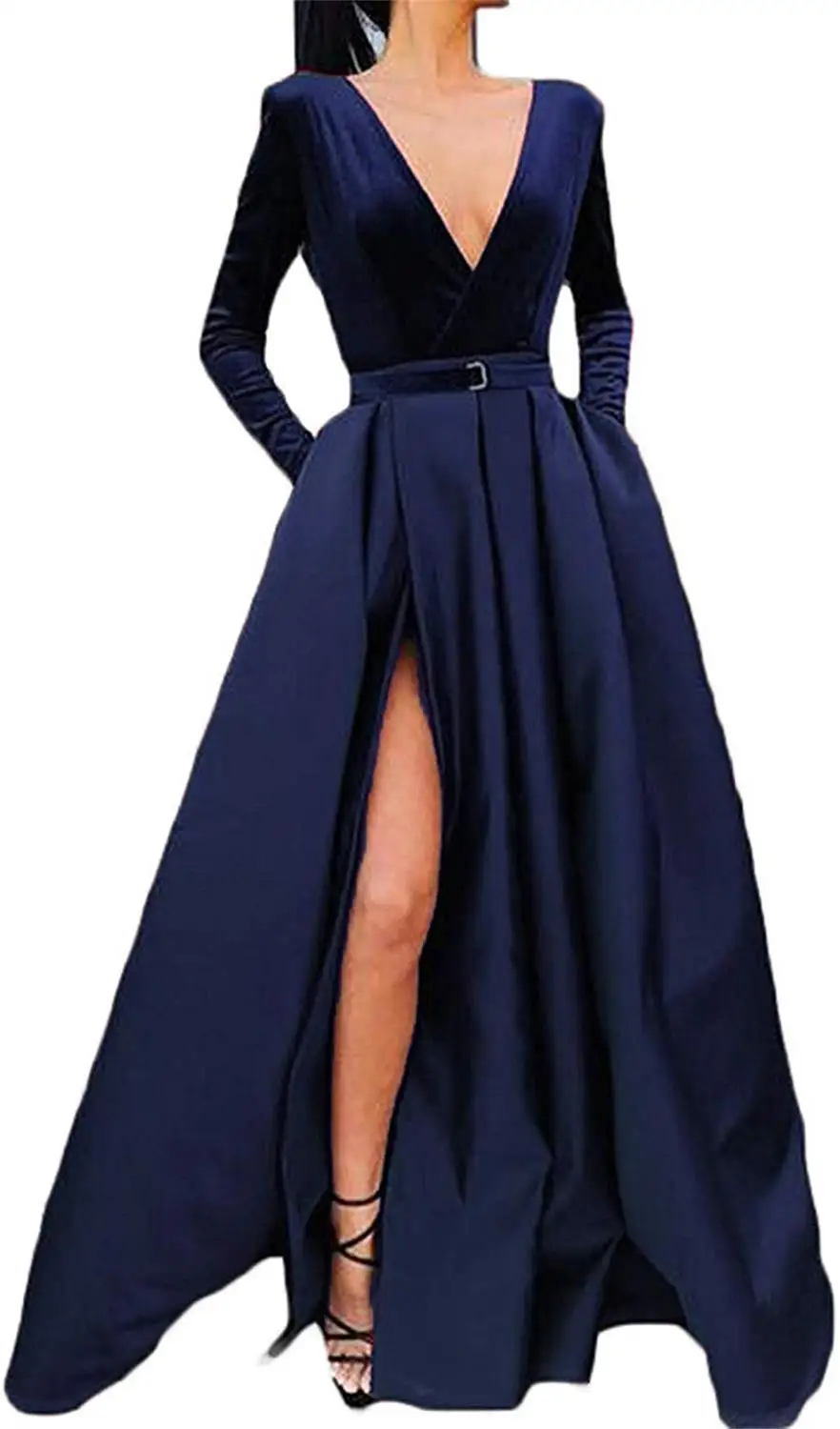 Navy Blue Бургундия с длинным рукавом бархат Выпускные Платья Vestidos de Festa Longo на заказ v-образным вырезом Вечерние платья размера плюс с Высоким Разрезом Вечернее платье - Цвет: Navy Blue