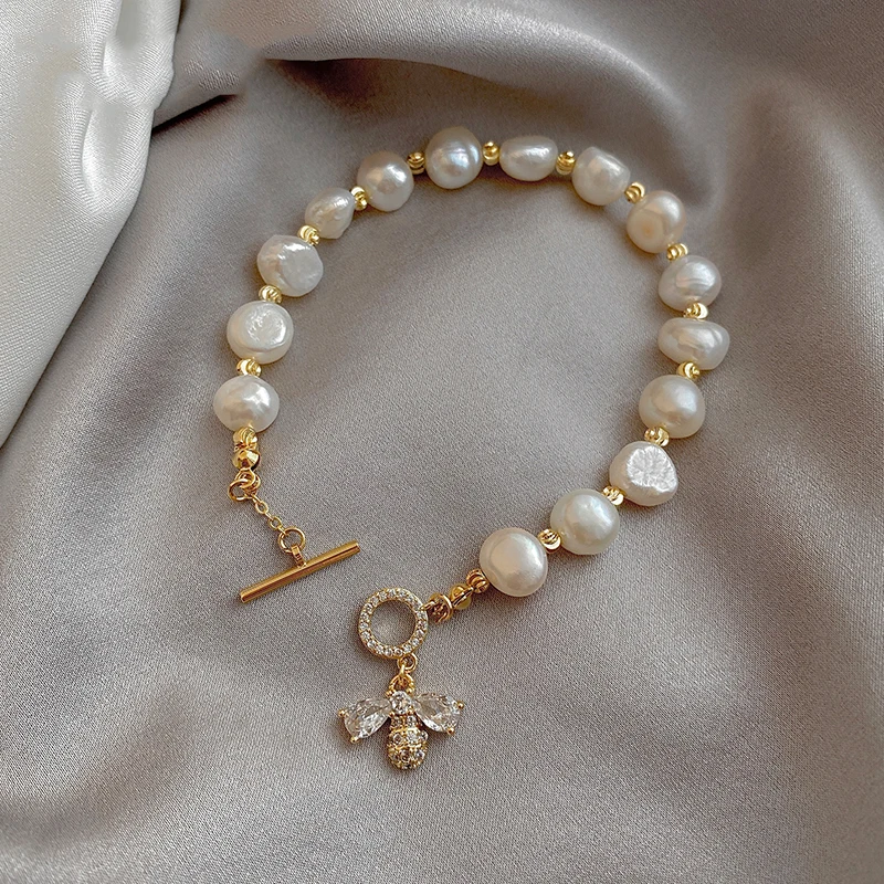 Bracelet Jewelry For Woman Luxury Zircon Bee Pendant Baroque Natural Pearl String