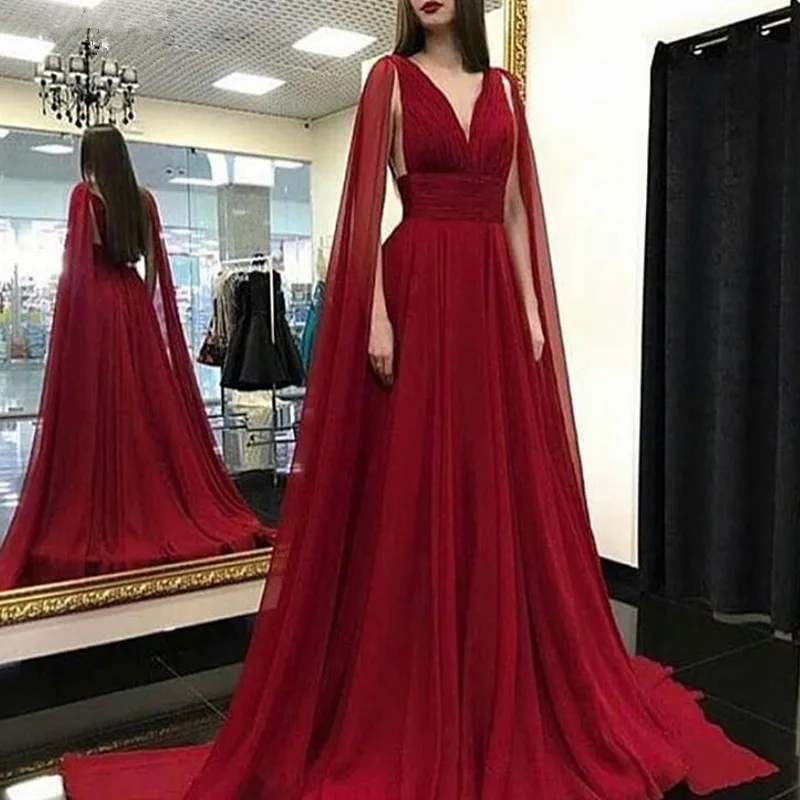 Vestidos de Noche largos con capa de Arabia Saudita, color rojo oscuro, gasa con cuello en V, vestido de noche Formal, elegante, fiesta, Lange Jurk, - AliExpress