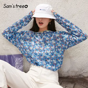 

SAM'S TREE Blue Disty Floral Korean Style Fishnet Mesh Blouse Women 2020 Summer New Beige Long Sleeve Casual Girly Daily Top