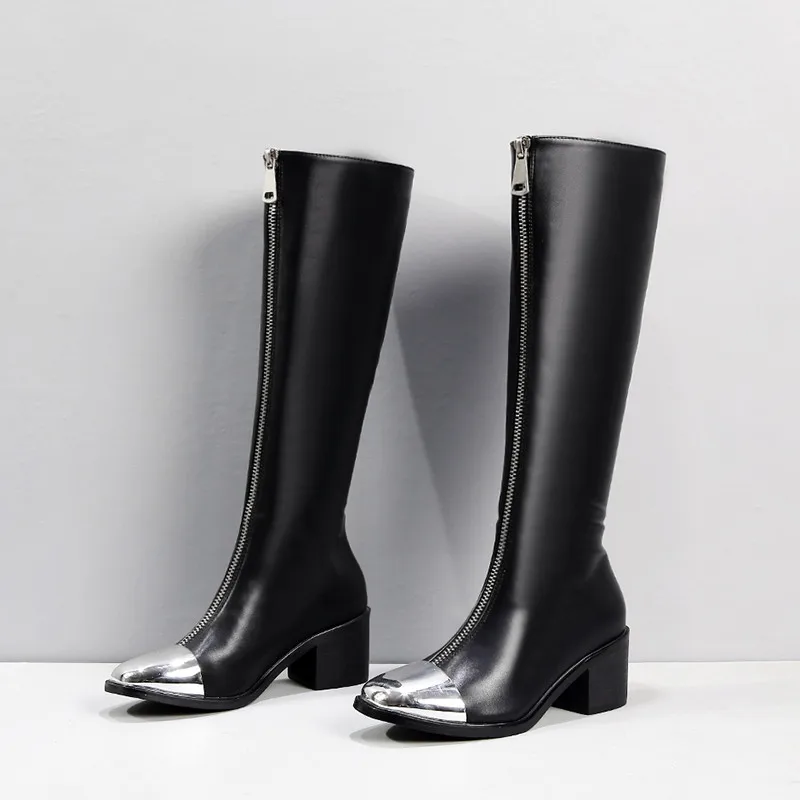 

YMECHIC 2019 Punk Goth Winter Knee High Ride Biker Black Boots Metal Toe Design Front Zipper Block High Heel Knight Ladies Boot