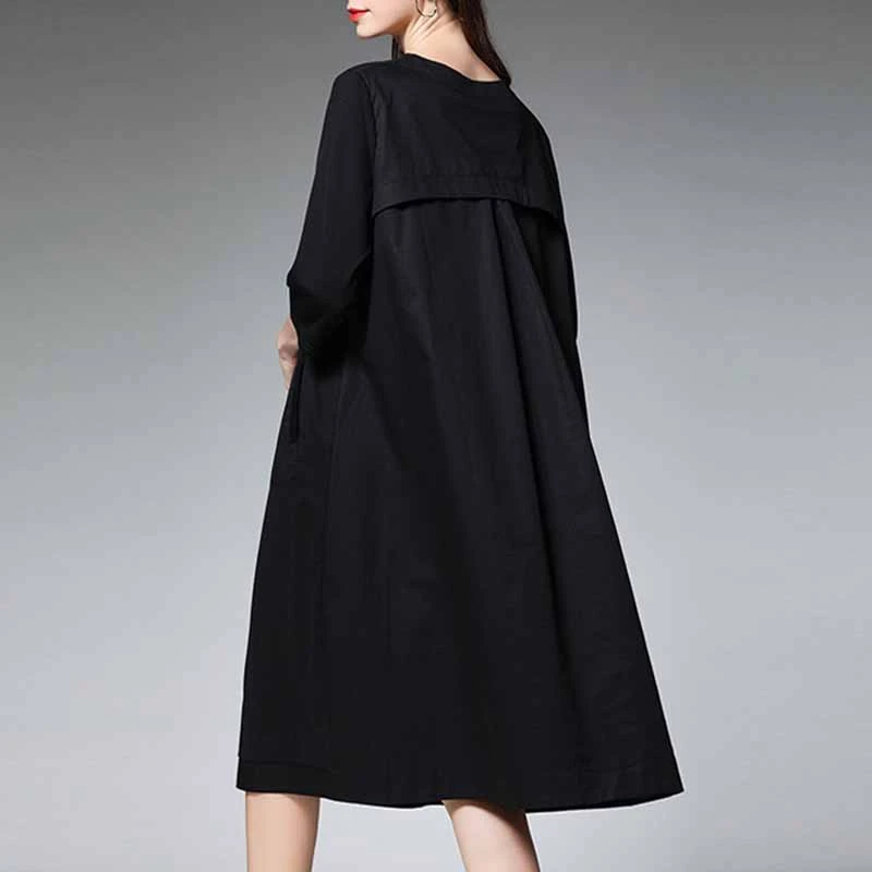 [YaLee] New Fashion Summer Autumn Simple Round Neck Three Quarter Sleeve Stitching Pockets Loose Dress Women N054