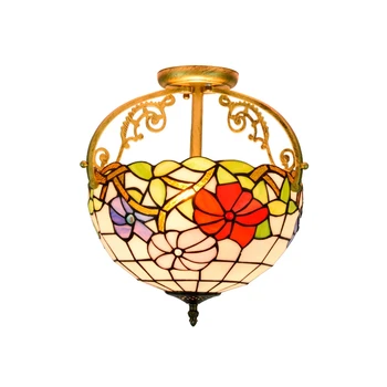 

European Rural red morning glory festive corridor semi ceiling lamp Tiffany's stained glass bar, coffee shop, balcony light