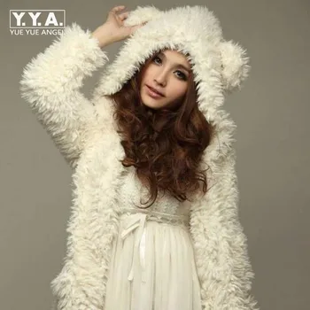 

Winter New Arrival Fashion Chic Womens College Cute Bear Ear Thicken Fur Sweaters Outwears Women Sweaters Female White Size XL