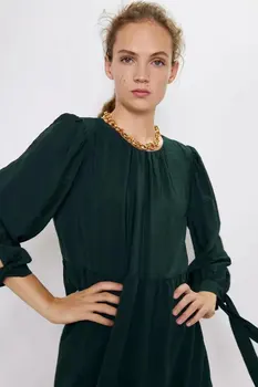 

2020 Spring Summer New Bow deep green zaraing women Long Dress sheining vadiming female dress vintage plus size XDN9187