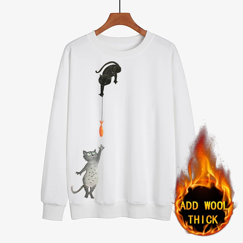 

New Autumn Winter Sweatshirts Plush Harajuku Minimalist Design Style Pullover with Warmth Chinese Painting [cat Eating Fish]