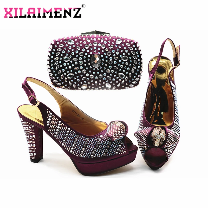 

2019 New Style Nigerian Ladies Matching Shoe and Bag Material with Pu African Shoes and Bags Set for Party in Dark Purple Color