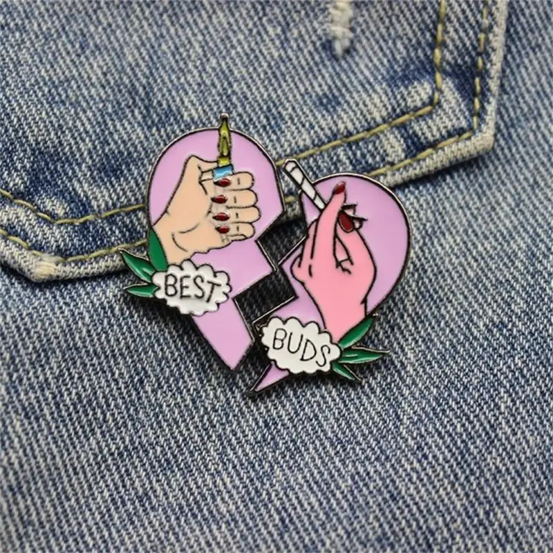 

2pcs/set BEST BUDS Brooches Pink Enamel Heart Lapel Pins Collar Badges Necklace Jewelry Gifts For Best Friends