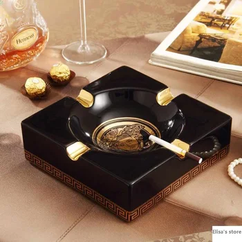 

European Style Simple Black and Gold Square Shape Ceramic Ashtray 4 Cigarette Holder Household Home Office Furnishing Decoration