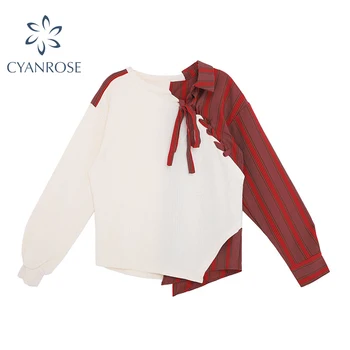 

Shirts Women Fashion Striped Patchwork Irregular Blouse Korean Chic Long Sleeve Streetwear Casual BF Style Female Blusas Tops