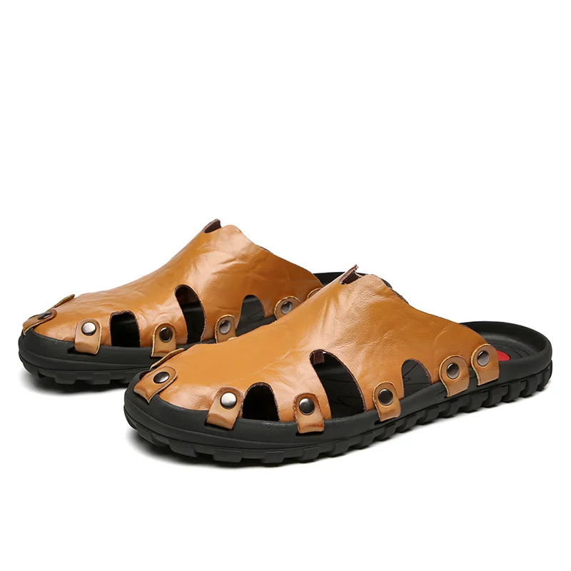 yellow Slippers KATESEN/Новое поступление; фирменные шлепанцы высокого качества ручной работы; Летняя обувь из натуральной коровьей кожи; Модные мужские пляжные сандалии; вьетнамки - Цвет: yellow Slippers
